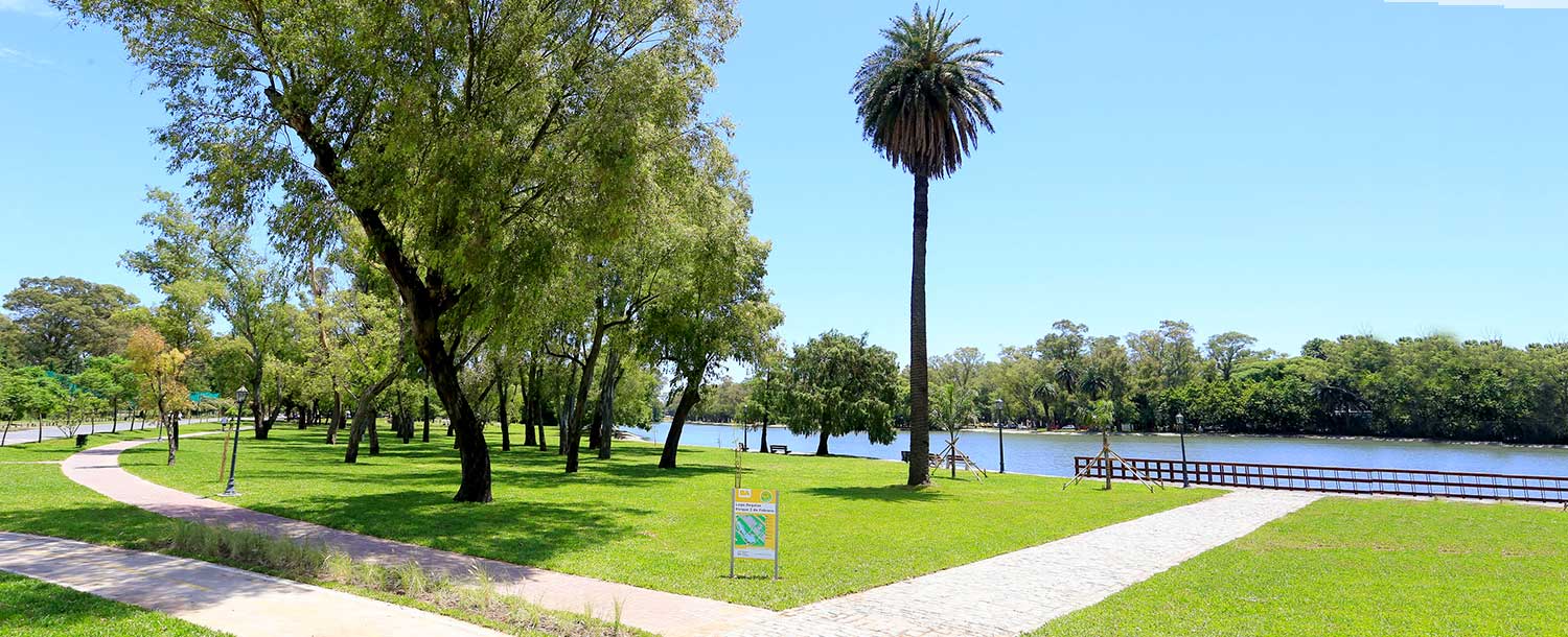 Paisaje panorámico de los Bosques de Palermo con senderos pavimentados, árboles frondosos y vista al Lago de Regatas bajo un cielo azul